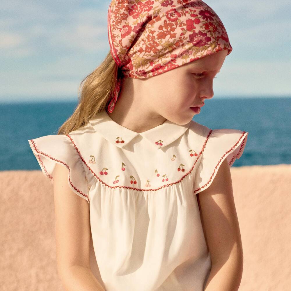 Bonpoint-Girls Ivory Cotton Poplin Cherry Embroidered Dress | Childrensalon Outlet
