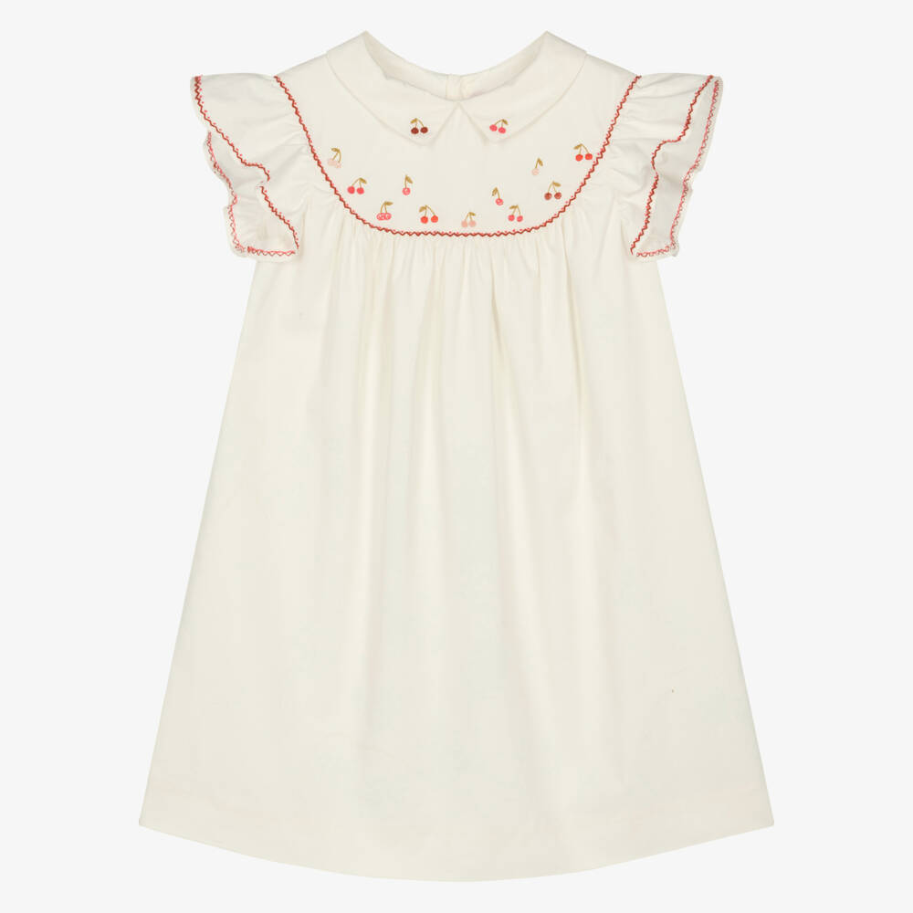 Bonpoint-Girls Ivory Cotton Poplin Cherry Embroidered Dress | Childrensalon Outlet