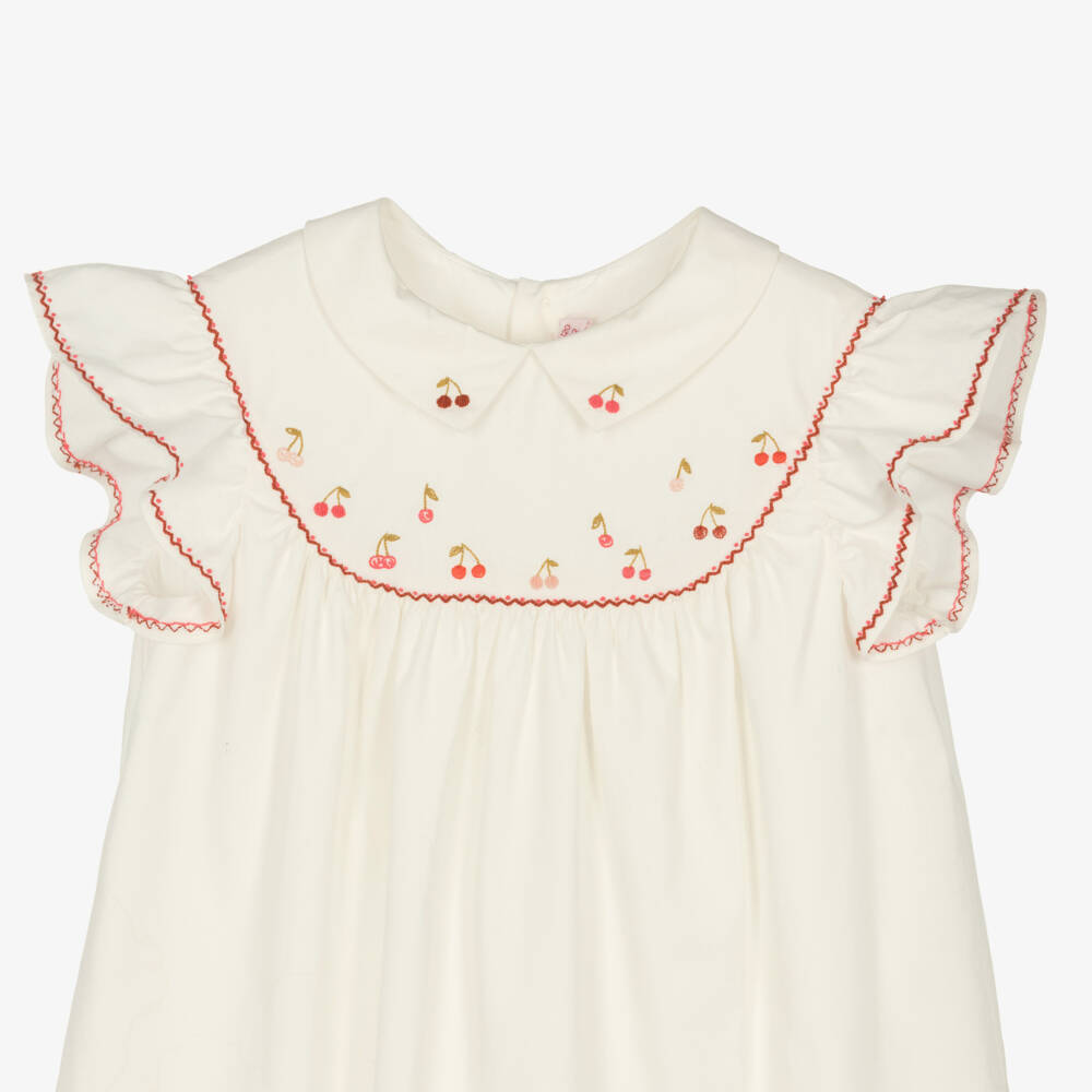 Bonpoint-Girls Ivory Cotton Poplin Cherry Embroidered Dress | Childrensalon Outlet