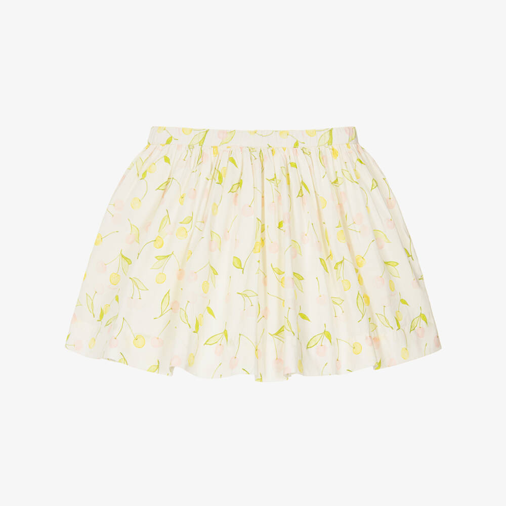 Bonpoint-Girls Ivory Cotton Skirt with Pink & Yellow Cherry Prints | Childrensalon Outlet