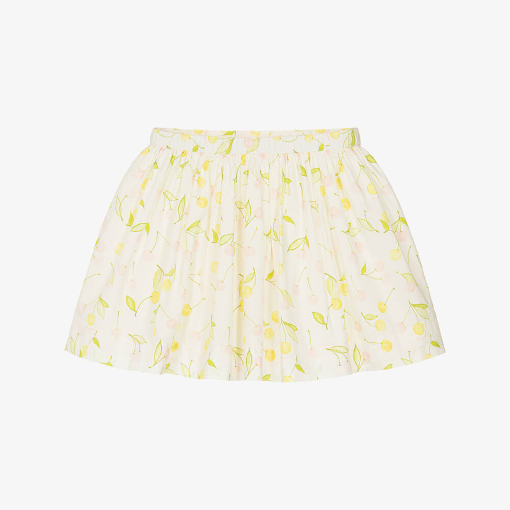 Bonpoint-Girls Ivory Cotton Skirt with Pink & Yellow Cherry Prints | Childrensalon Outlet