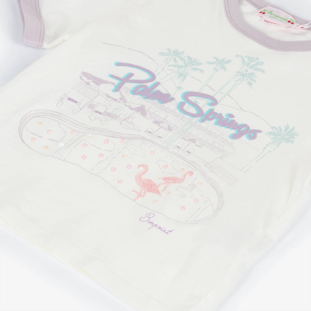 Bonpoint-Girls Ivory Cotton T-Shirt with Palm Springs Print | Childrensalon Outlet