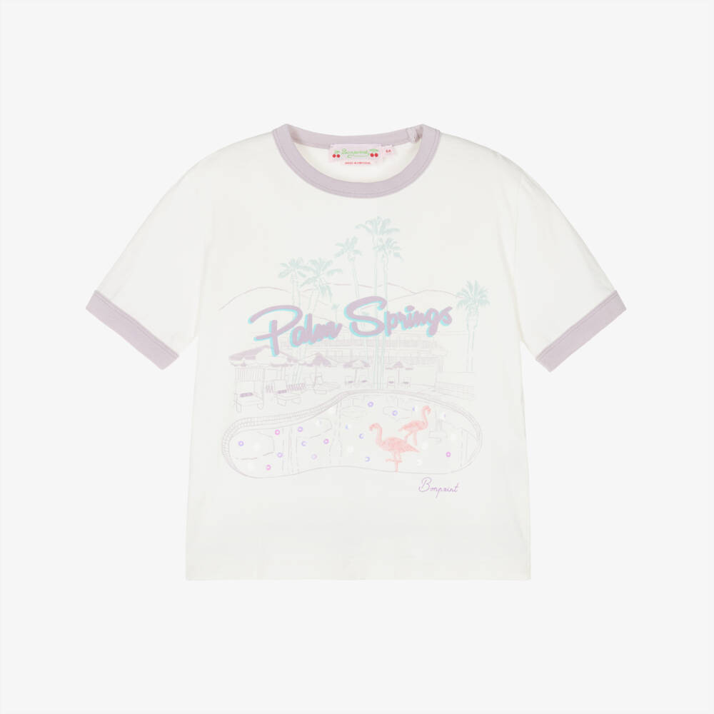 Bonpoint-Girls Ivory Cotton T-Shirt with Palm Springs Print | Childrensalon Outlet