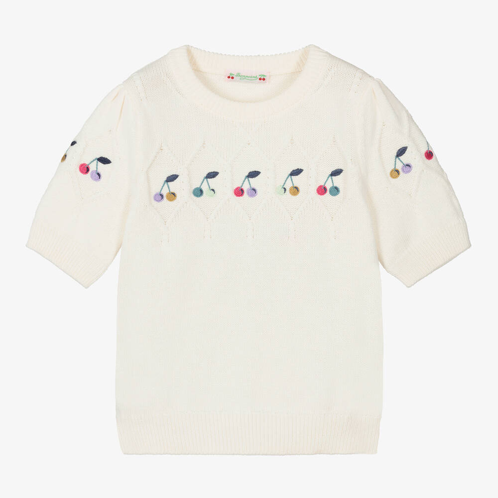 Bonpoint - Girls Ivory Embroidered Cherry Sweater  | Childrensalon