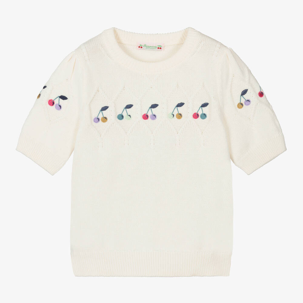 Bonpoint-Girls Ivory Embroidered Cherry Sweater  | Childrensalon Outlet