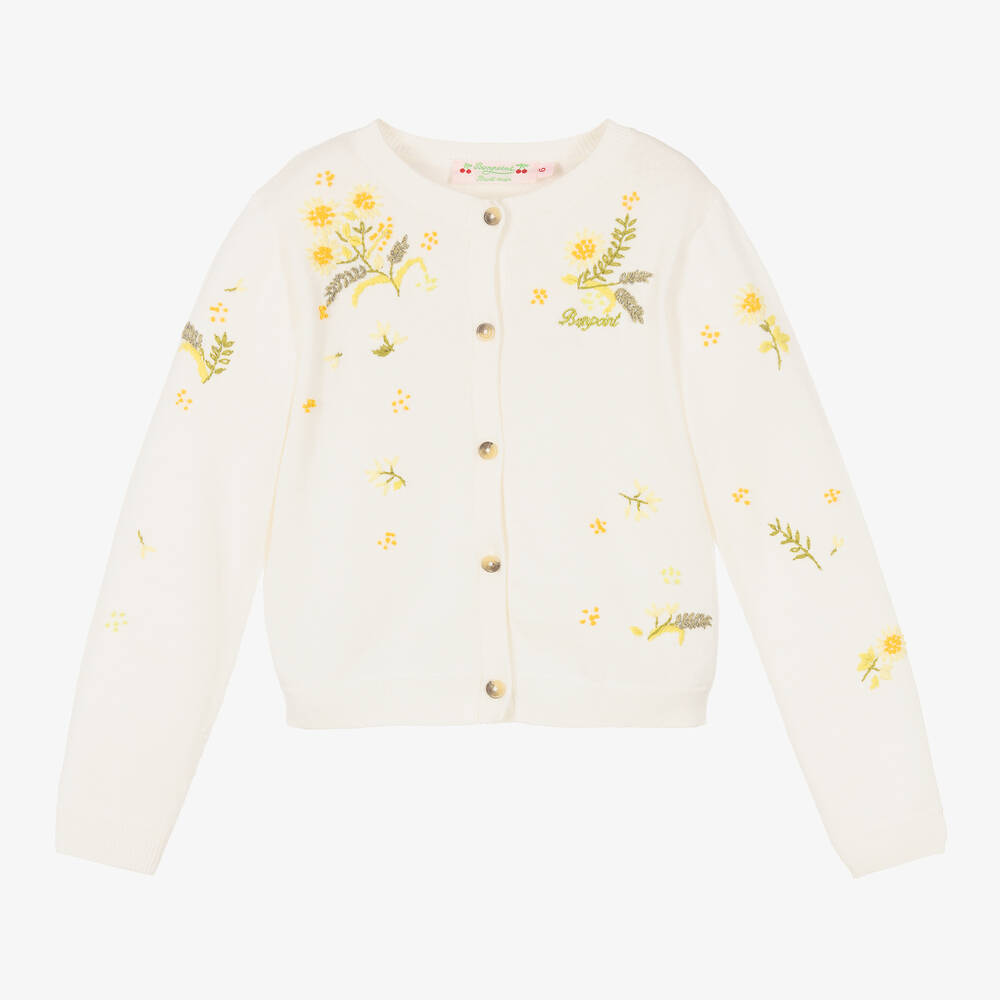 Bonpoint - Girls Ivory Embroidered Floral Cardigan  | Childrensalon