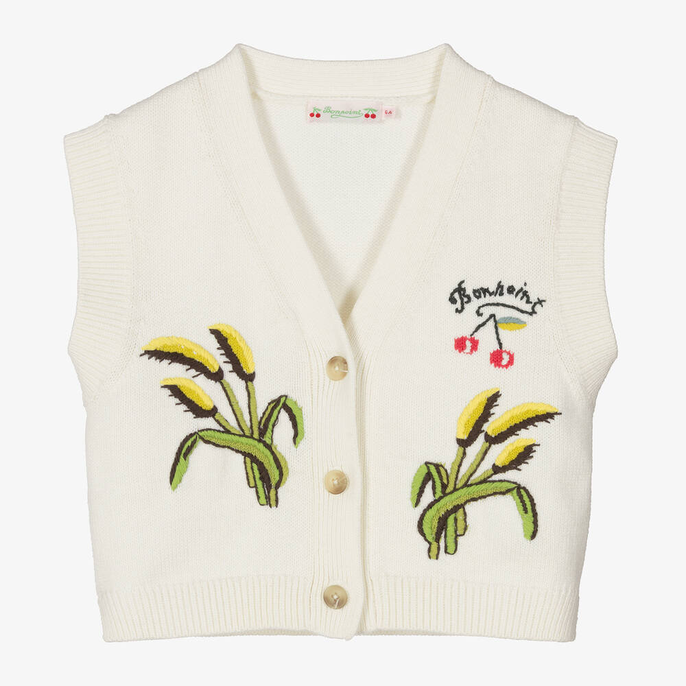 Bonpoint - Girls Ivory Embroidered Knitted Waistcoat | Childrensalon