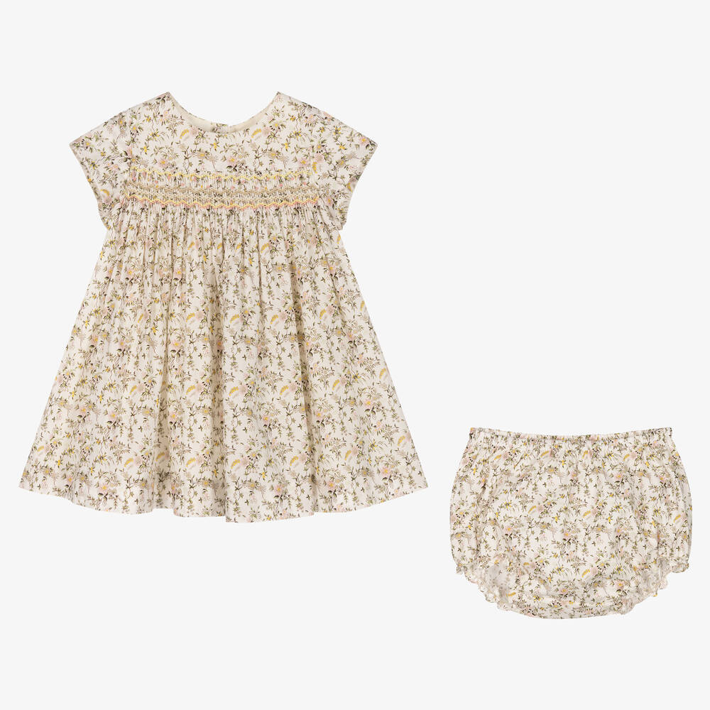 بونبوان-فستان قطن لون عاجي وأخضر بطبعة ورود | Childrensalon Outlet