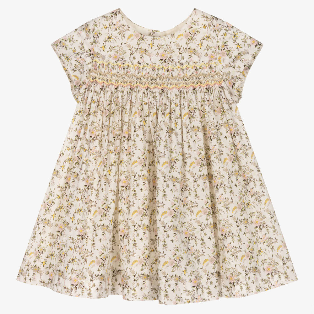 Bonpoint - Girls Ivory & Green Floral Liberty Print Dress | Childrensalon
