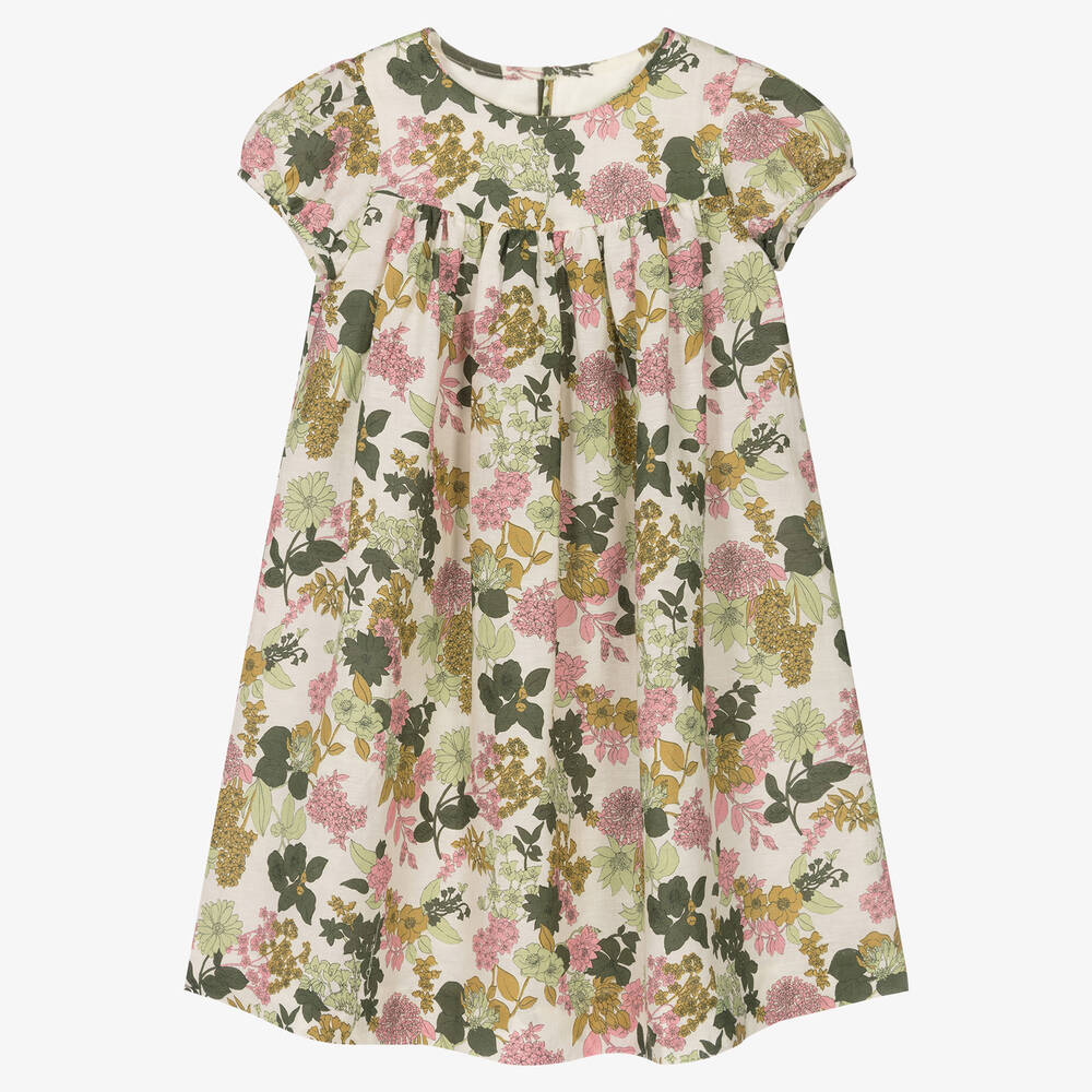 Bonpoint - Girls Ivory & Green Floral Print Dress | Childrensalon