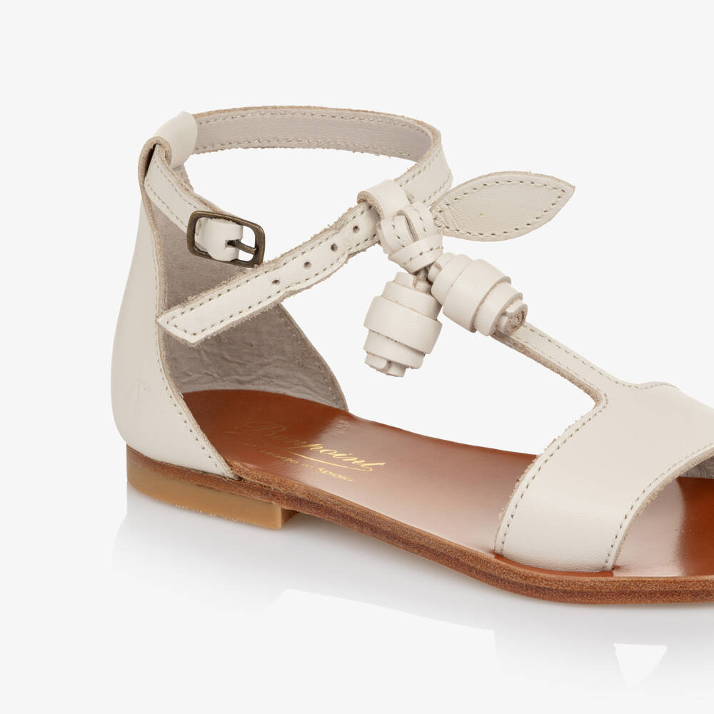 Bonpoint-Girls Ivory Leather Sandals with Rose Details | Childrensalon Outlet