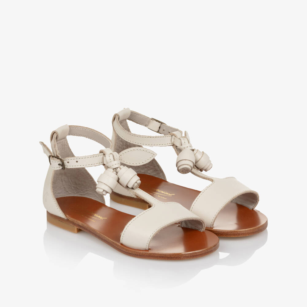 Bonpoint-Girls Ivory Leather Sandals with Rose Details | Childrensalon Outlet