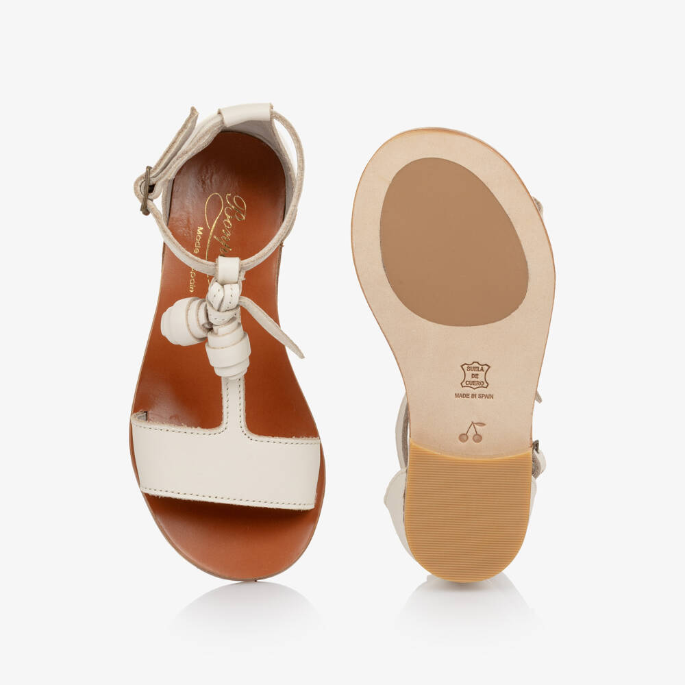 Bonpoint-Girls Ivory Leather Sandals with Rose Details | Childrensalon Outlet