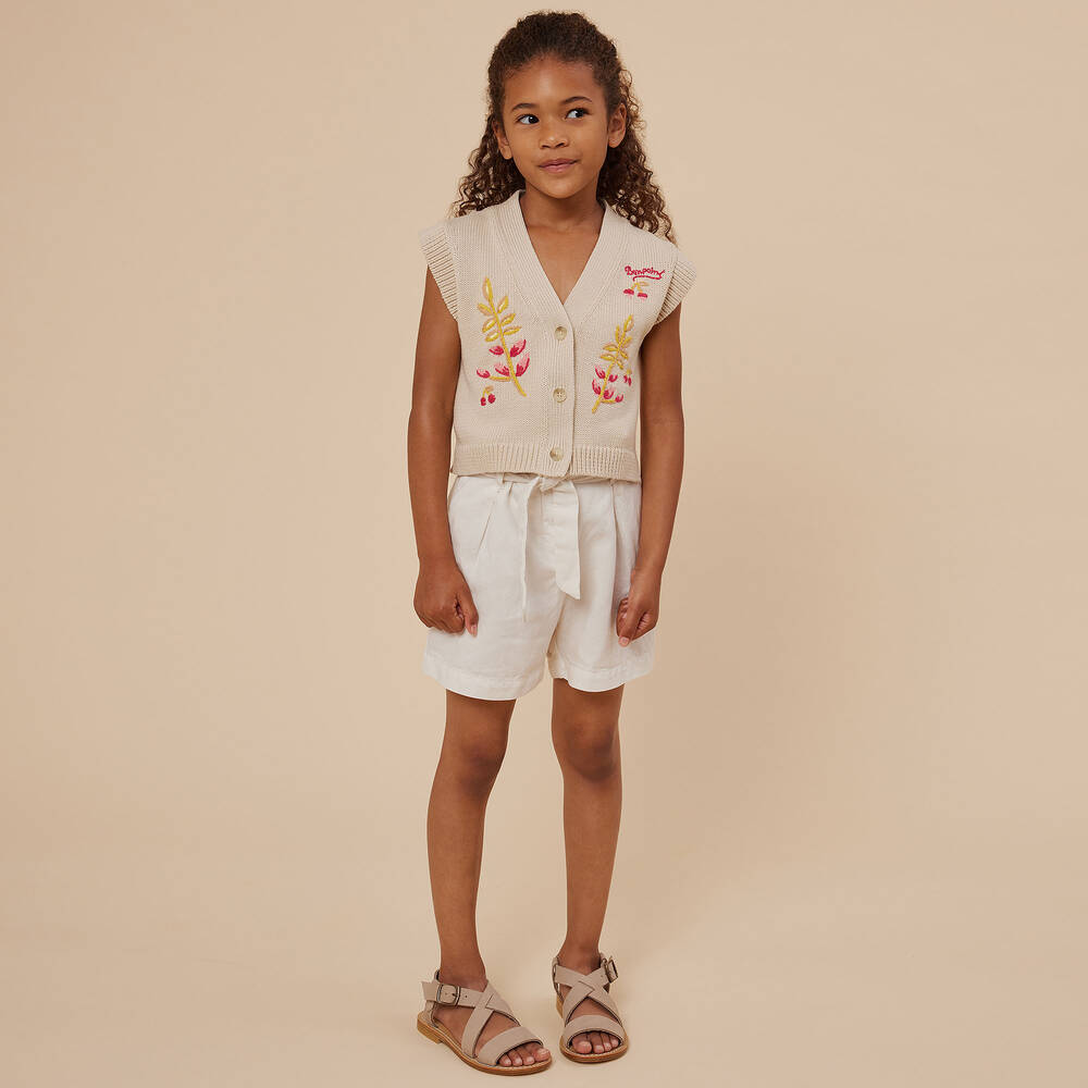 Bonpoint-Girls Ivory Linen & Cotton Belted Shorts | Childrensalon Outlet