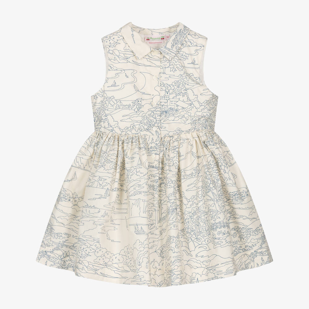 Bonpoint-Girls Ivory & Navy Blue Cotton Scenic Liberty Print Dress | Childrensalon Outlet