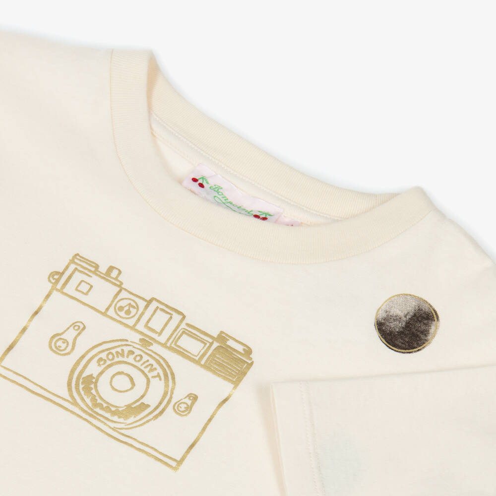Bonpoint-تيشيرت بناتي أبيض بنقاط بولكا وكاميرا | Childrensalon Outlet