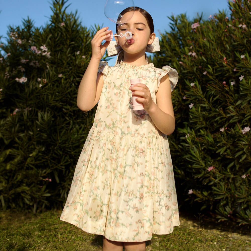 Bonpoint-Girls Ivory Silk Floral Print Dress | Childrensalon Outlet