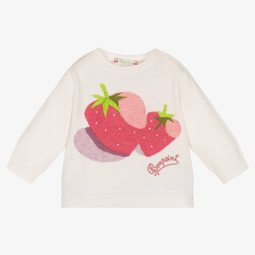 Bonpoint - Girls Ivory Strawberry Knit Sweater | Childrensalon