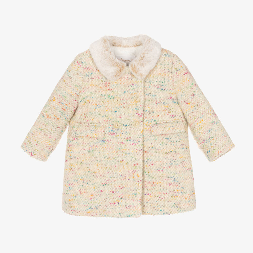 Bonpoint-Girls Ivory Tweed Coat with Fur Collar | Childrensalon Outlet