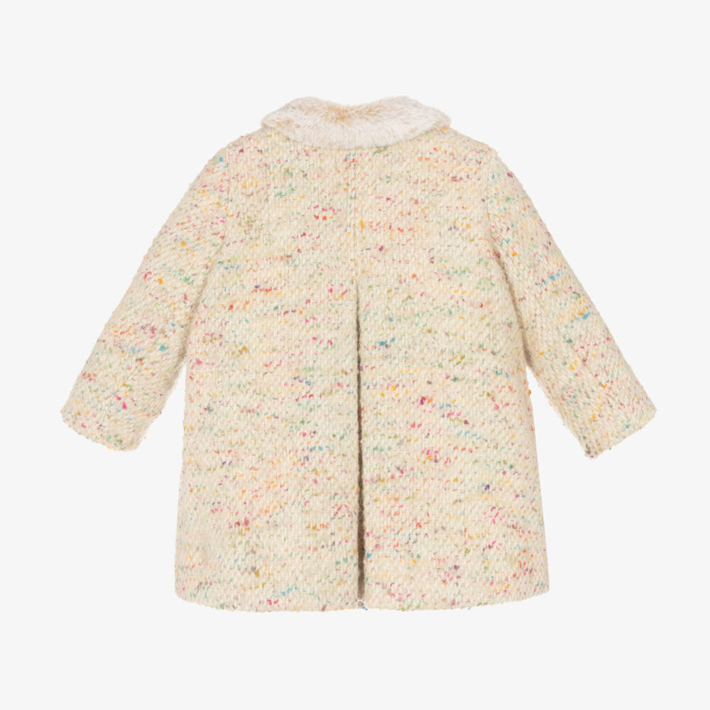 Bonpoint-Girls Ivory Tweed Coat with Fur Collar | Childrensalon Outlet
