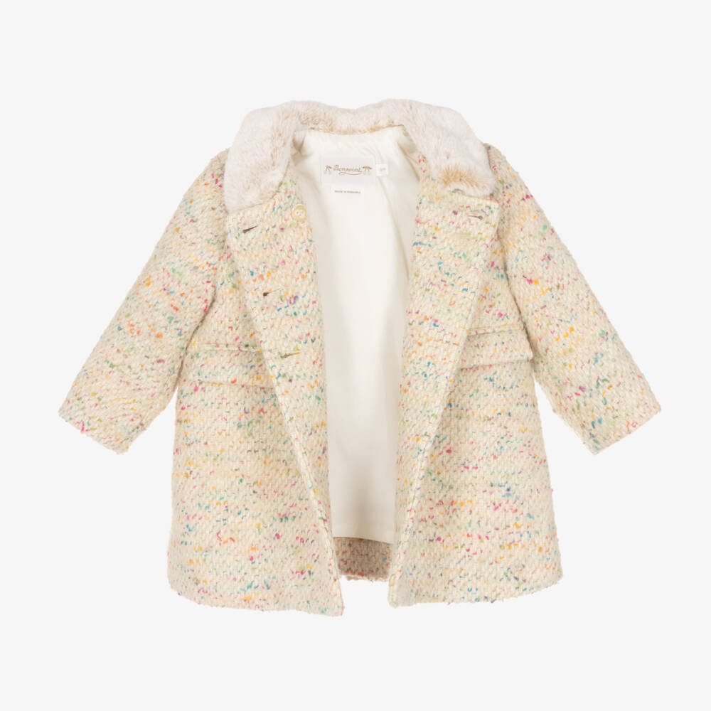 Bonpoint-Girls Ivory Tweed Coat with Fur Collar | Childrensalon Outlet