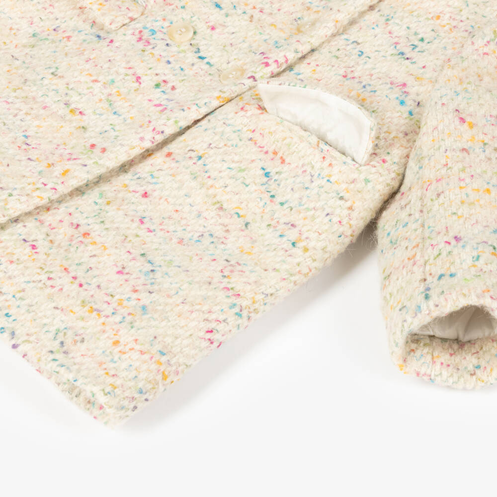 Bonpoint-Girls Ivory Tweed Coat with Fur Collar | Childrensalon Outlet