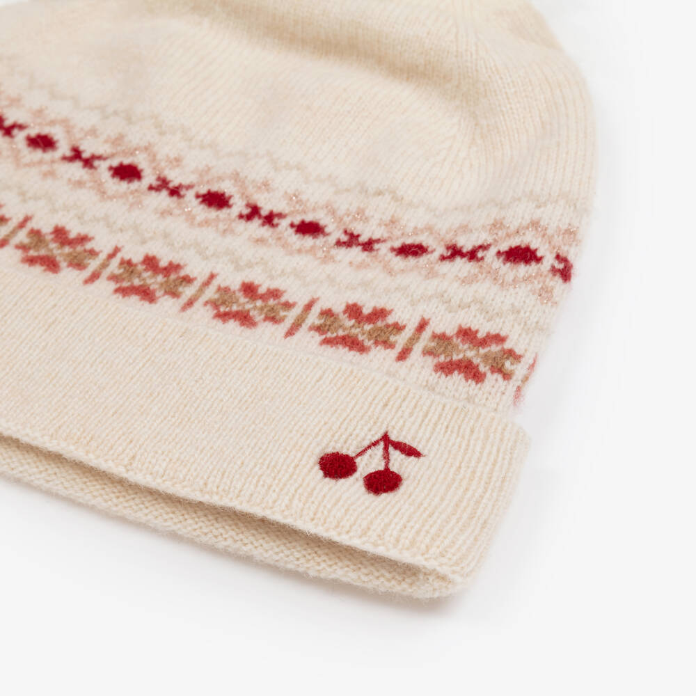 Bonpoint-Girls Ivory Wool Knit Fair Isle Beanie Hat | Childrensalon Outlet