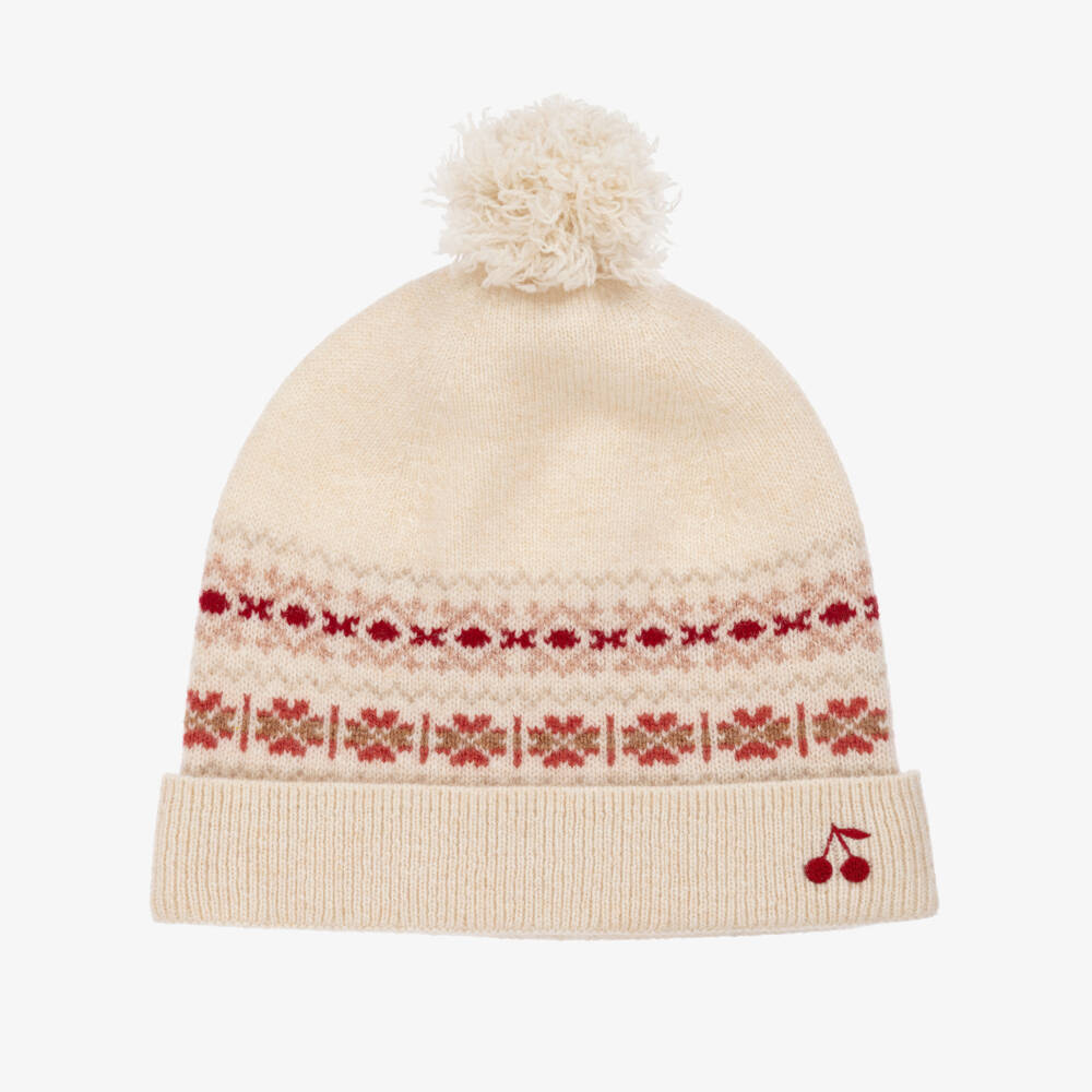 Bonpoint-Girls Ivory Wool Knit Fair Isle Beanie Hat | Childrensalon Outlet