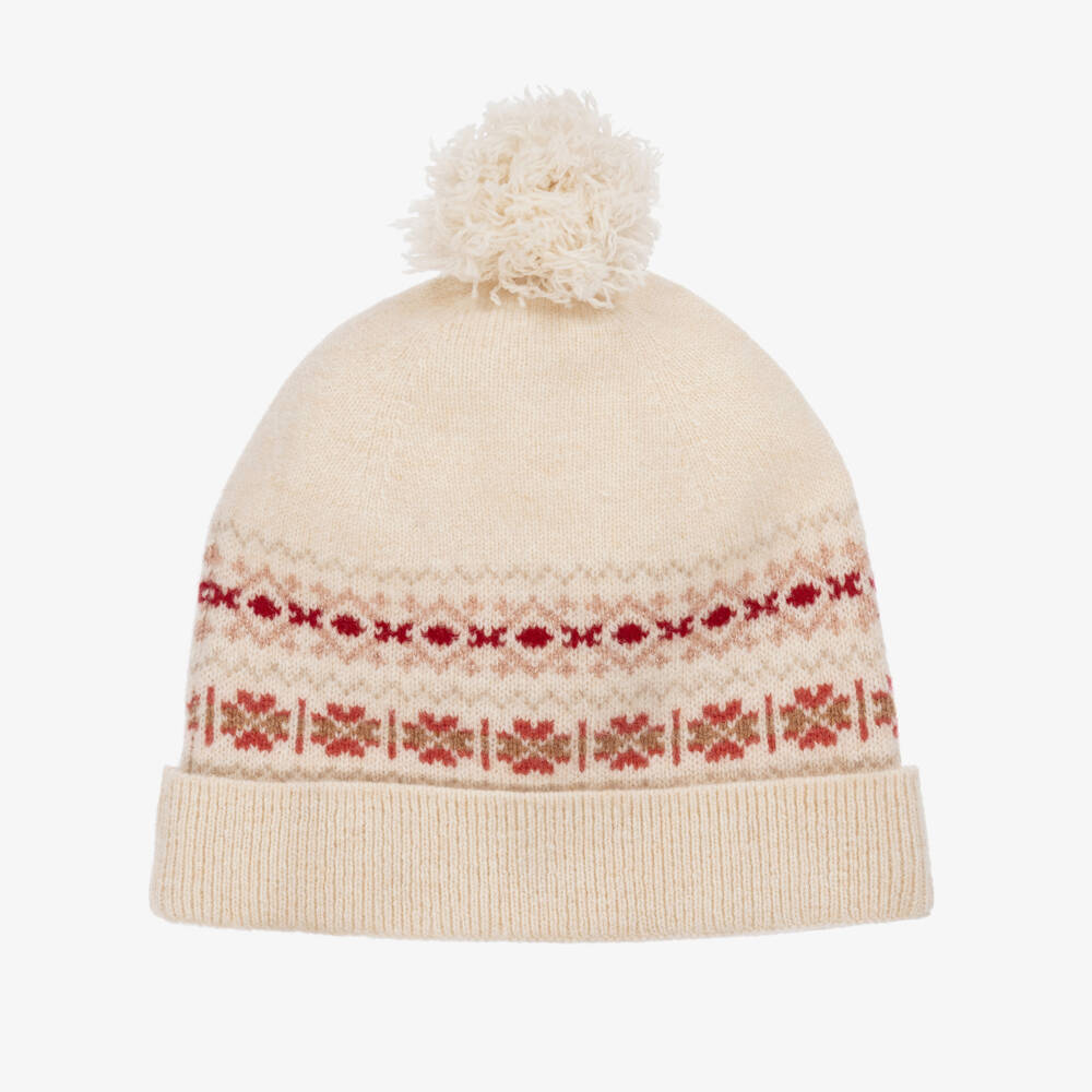Bonpoint-Girls Ivory Wool Knit Fair Isle Beanie Hat | Childrensalon Outlet