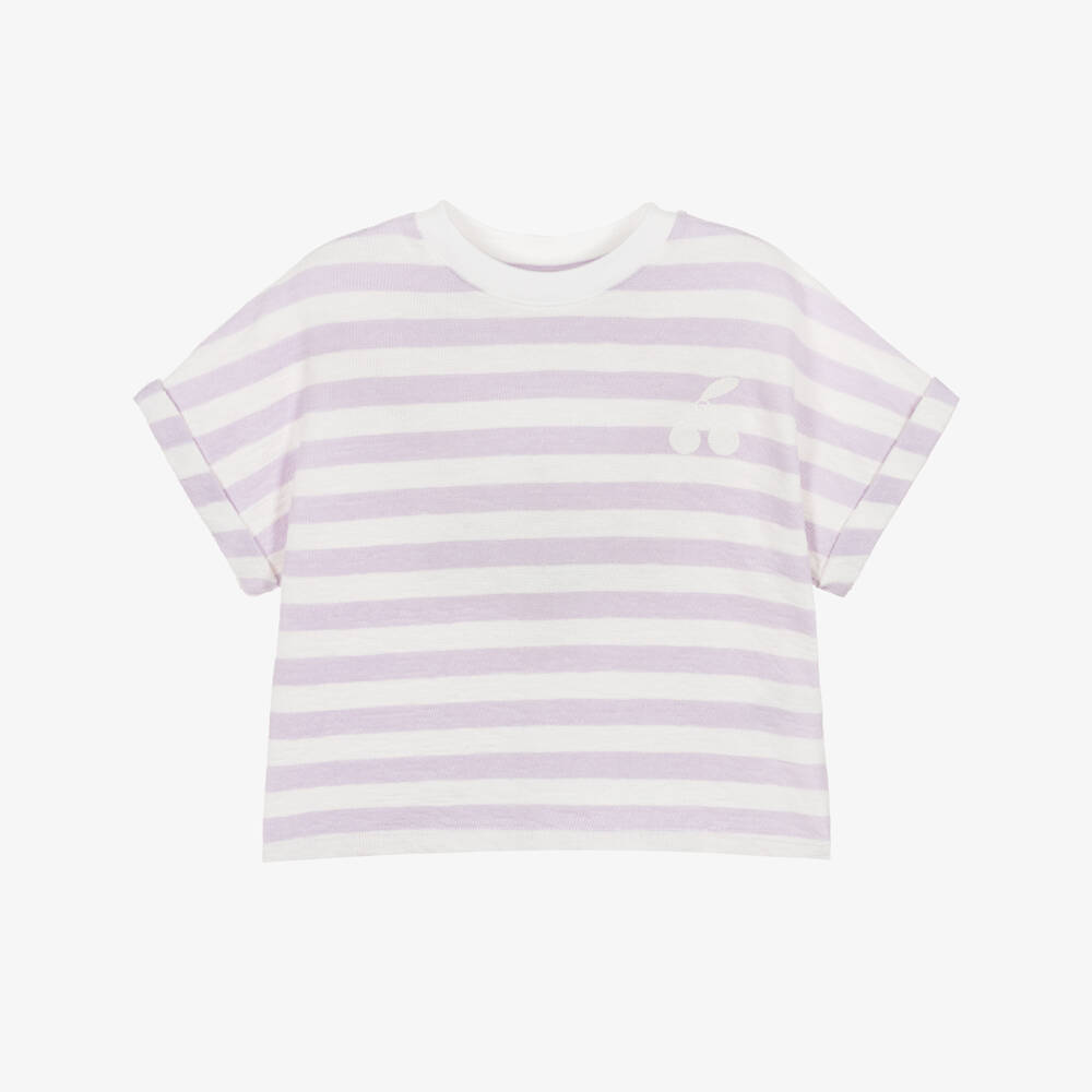 Bonpoint-Girls Lilac & Ivory Stripe Cotton Boxy T-Shirt | Childrensalon Outlet