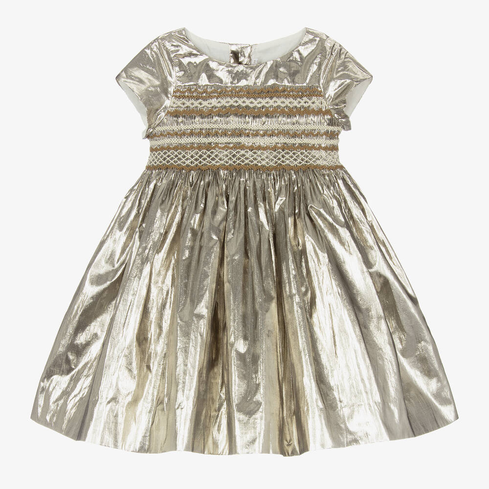 Bonpoint - فستان مطرز سموكينغ مزيج حرير لون ذهبي متاليك | Childrensalon