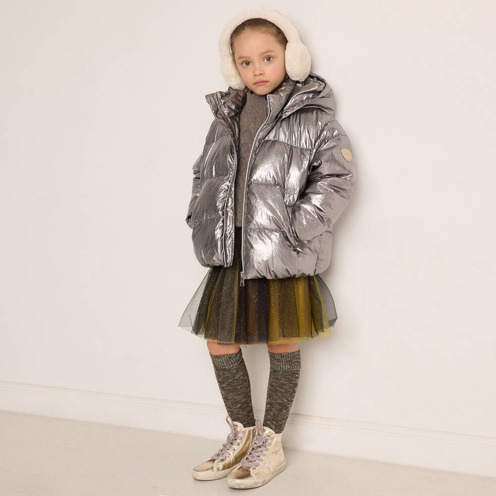 Bonpoint Girls Metallic Silver Puffer Coat Childrensalon Outlet