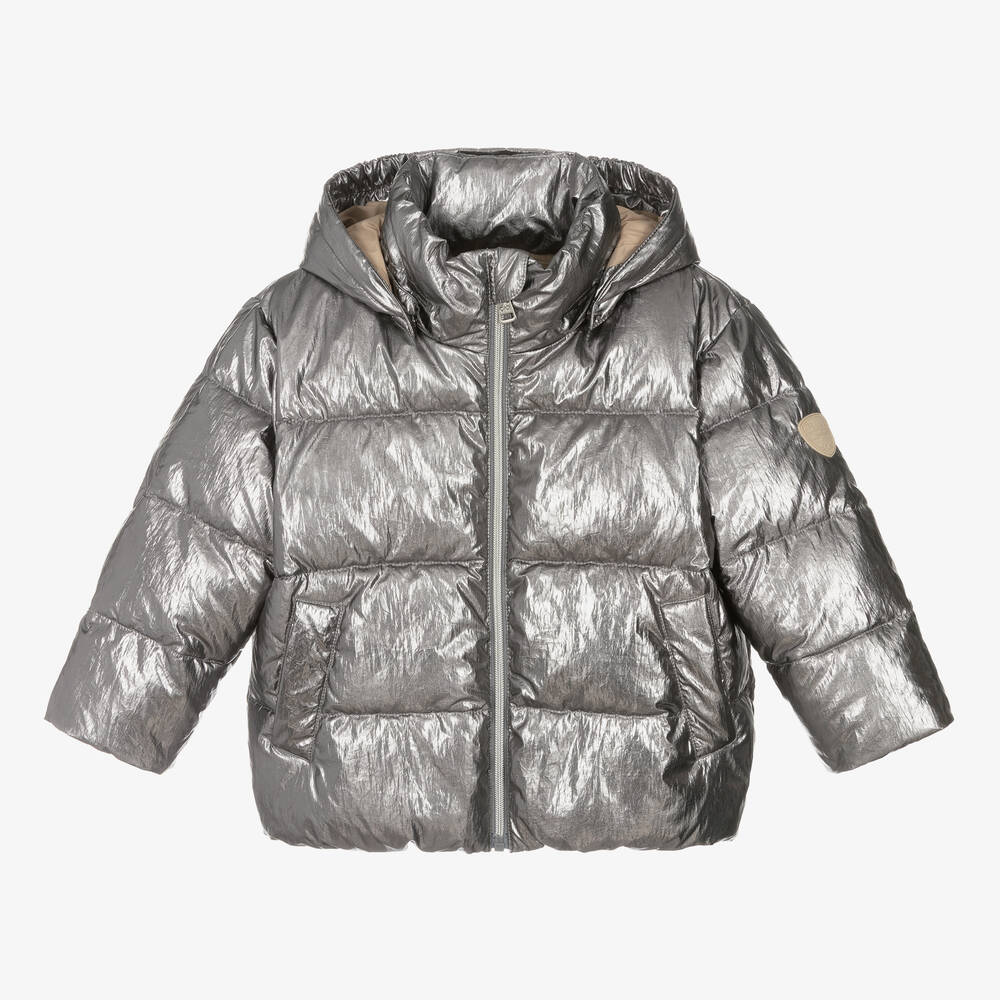 Bonpoint - Girls Metallic Silver Puffer Coat | Childrensalon