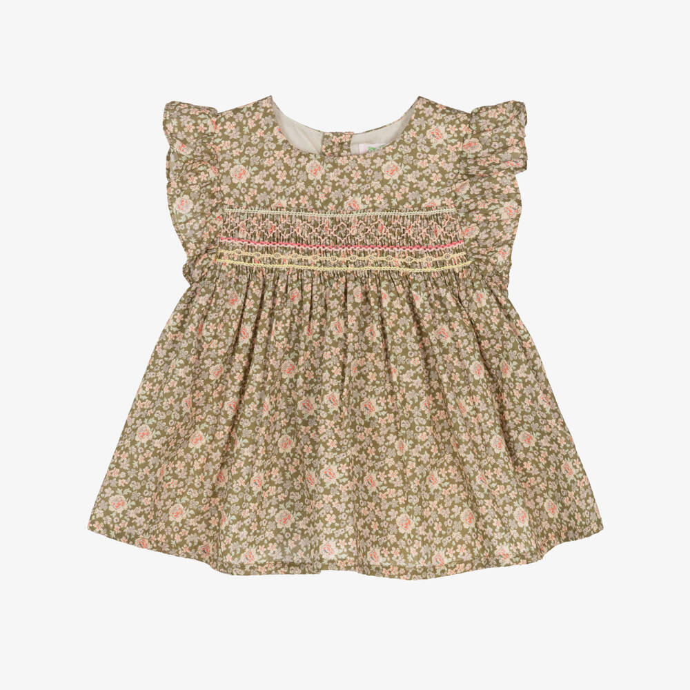 Bonpoint-Girls Moss Green Liberty Floral Smocked Blouse | Childrensalon Outlet