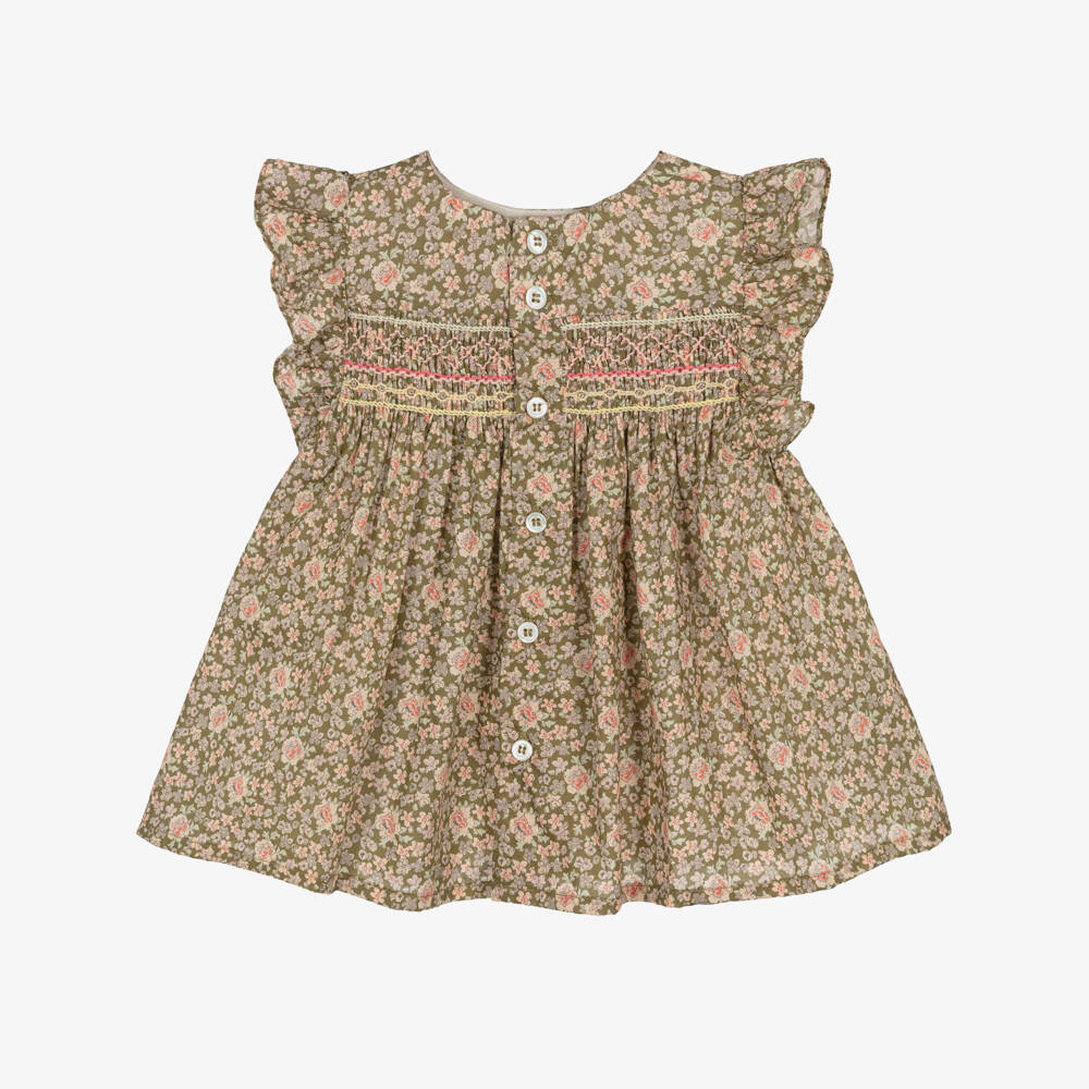 Bonpoint-Girls Moss Green Liberty Floral Smocked Blouse | Childrensalon Outlet
