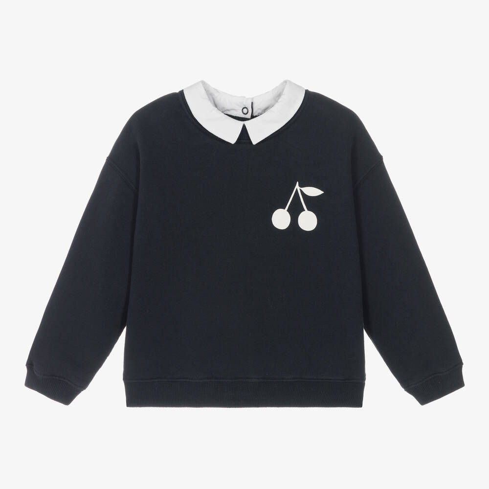 Bonpoint - Girls Navy Blue Cotton Cherry Sweatshirt | Childrensalon