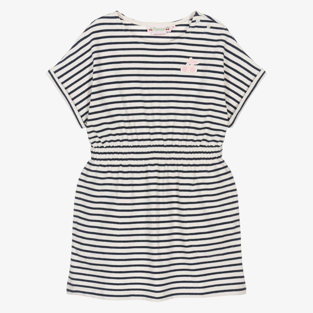 Bonpoint-Girls Navy Blue & Ivory Striped Towelling Dress | Childrensalon Outlet