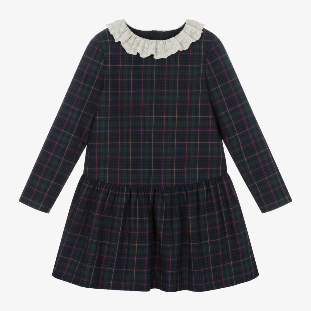 Bonpoint-Girls Navy Tartan Lace Dress | Childrensalon Outlet