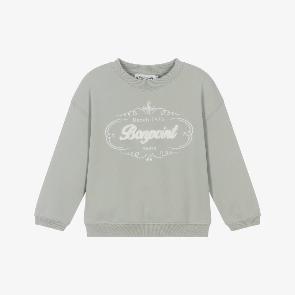 Bonpoint-Girls Pale Green Cotton Sweatshirt with BouclÃ© Logo | Childrensalon Outlet