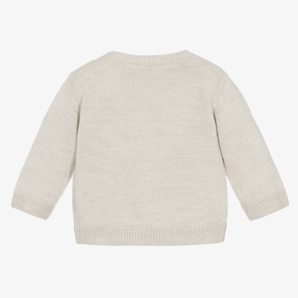 Bonpoint-Girls Pale Grey Merino Wool Cat Sweater | Childrensalon Outlet