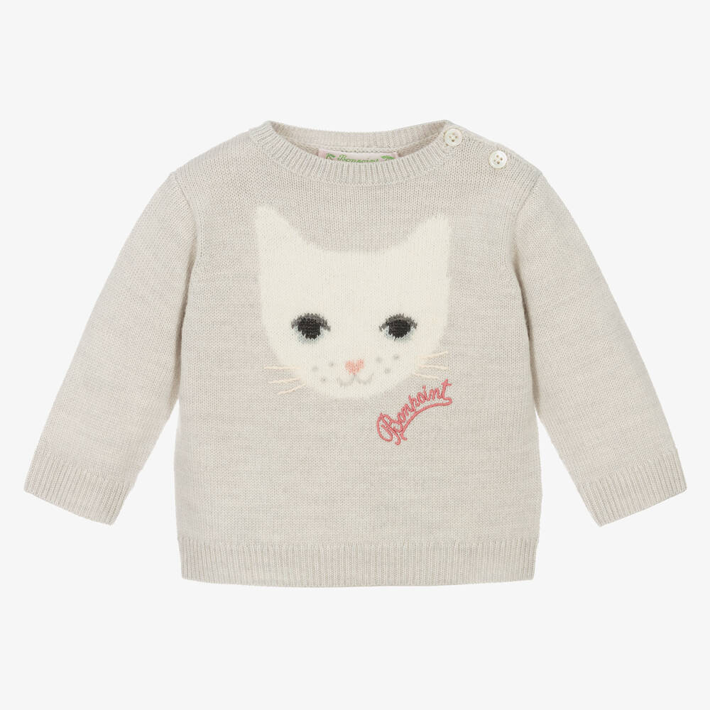 Bonpoint - Girls Pale Grey Merino Wool Cat Sweater | Childrensalon