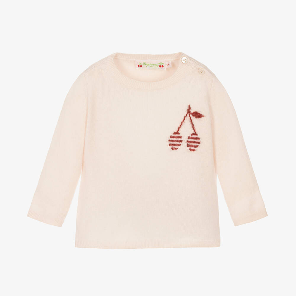 Bonpoint - Girls Pale Pink Cashmere Cherry Sweater | Childrensalon