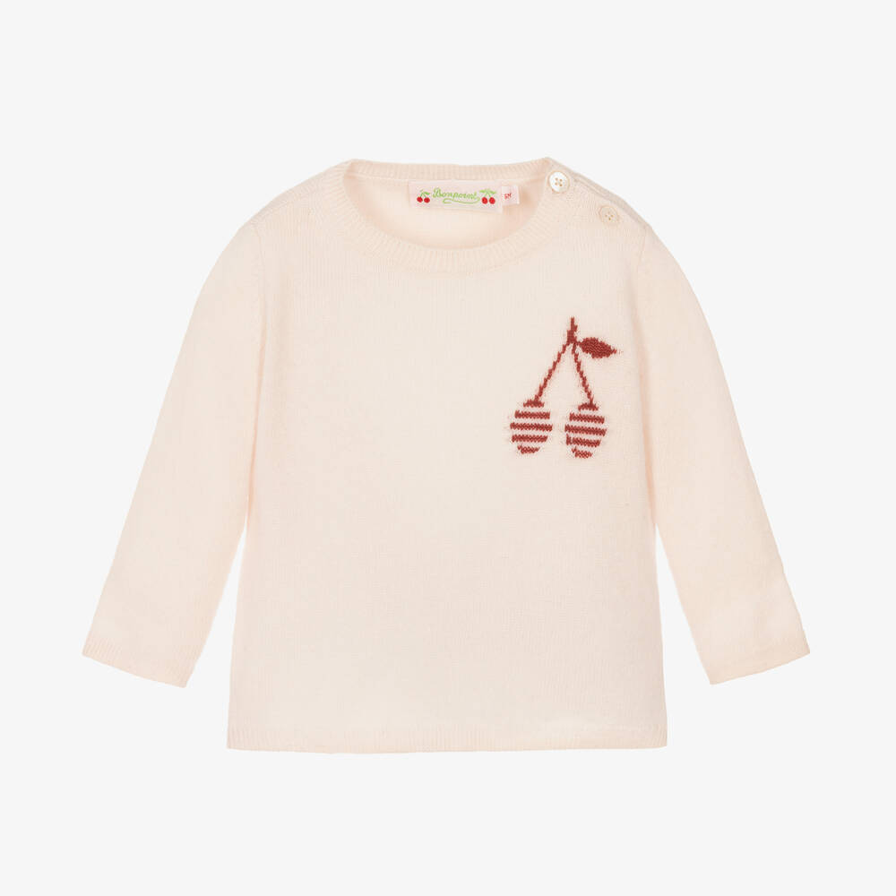 Bonpoint - Pull cachemire rose pâle à cerises | Childrensalon