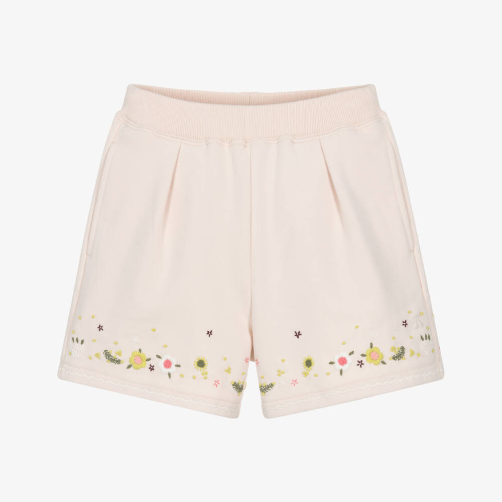 Bonpoint-Girls Pale Pink Cotton Jersey Shorts with Embroidered Floral Design | Childrensalon Outlet