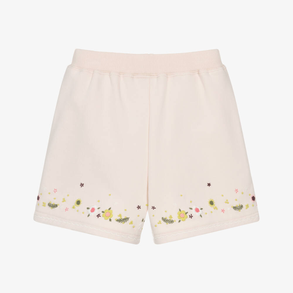 Bonpoint-Girls Pale Pink Cotton Jersey Shorts with Embroidered Floral Design | Childrensalon Outlet