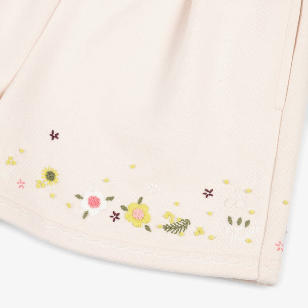 Bonpoint-Girls Pale Pink Cotton Jersey Shorts with Embroidered Floral Design | Childrensalon Outlet