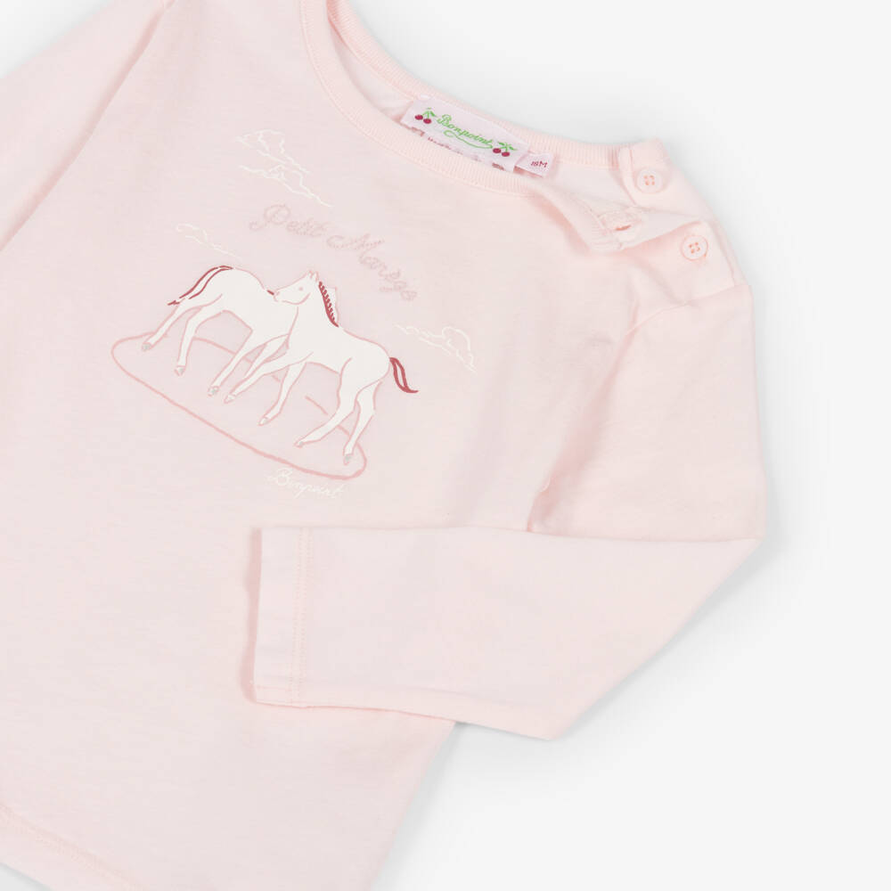 Bonpoint-Girls Pale Pink Cotton Jersey Top with Horse Print | Childrensalon Outlet