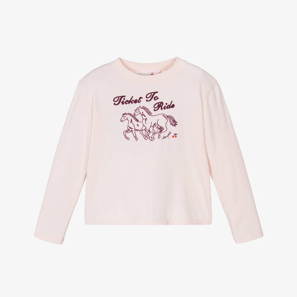 Bonpoint-Girls Pale Pink Organic Cotton Ticket To Ride Horses Top | Childrensalon Outlet