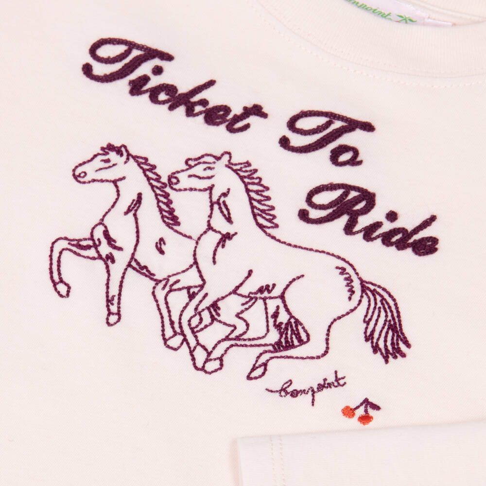 Bonpoint-Girls Pale Pink Organic Cotton Ticket To Ride Horses Top | Childrensalon Outlet