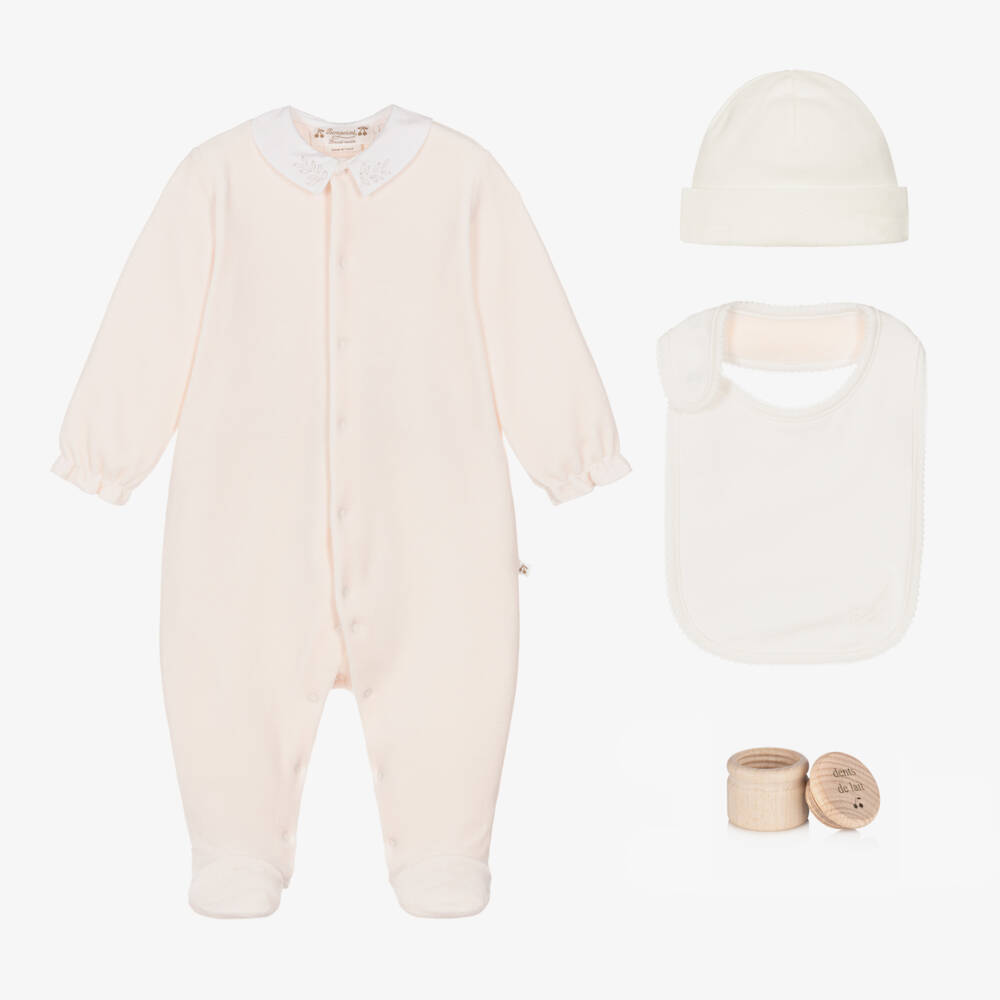 Bonpoint-Girls Pale Pink Velour Babysuit Gift Set | Childrensalon Outlet